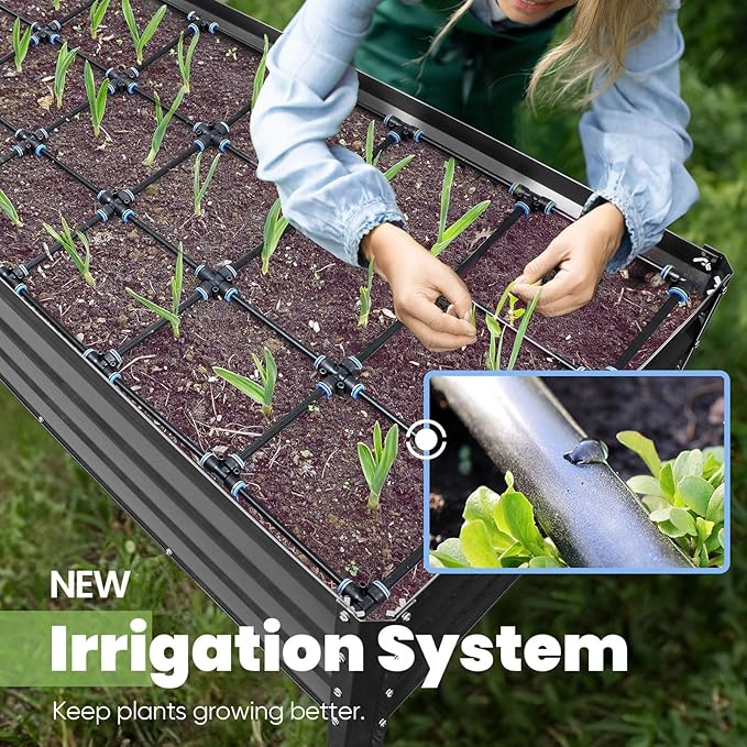 KING BIRD Raised Garden Bed with Irrigation System and Legs Galvanized Elevated Planter Box 48×24×30 in for Backyard, Patio, Balcony, 400lb Capacity, Dark Grey