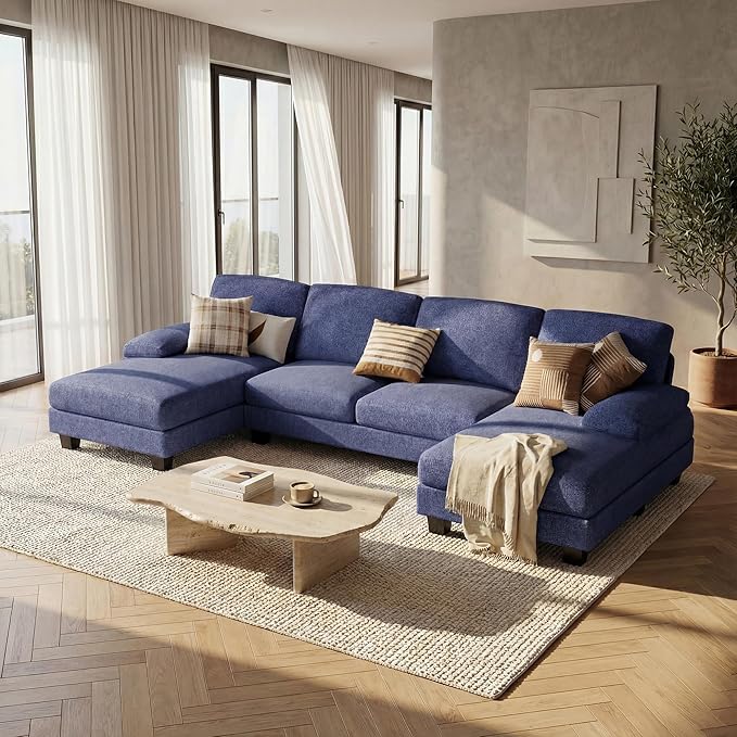 Homall Sectional U Shaped Sofa Couches for Living Room, Comfy Linen Fabric 4 Seat Sofa Set with Removable Pillows, Lounge Chaise Upholstered Couch for for Apartment (Loop Yarn, Navy Blue)