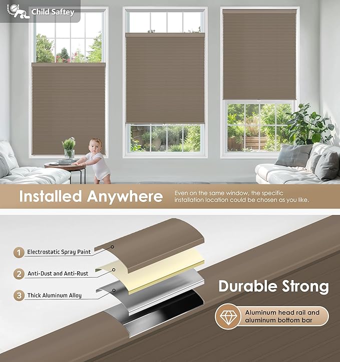 LazBlinds No Tools No Drill Cordless Cellular Shades, Light Filtering Honeycomb Shades for Home, Thermal Insulation Blinds for Windows, 47" W x 48" H, Taupe