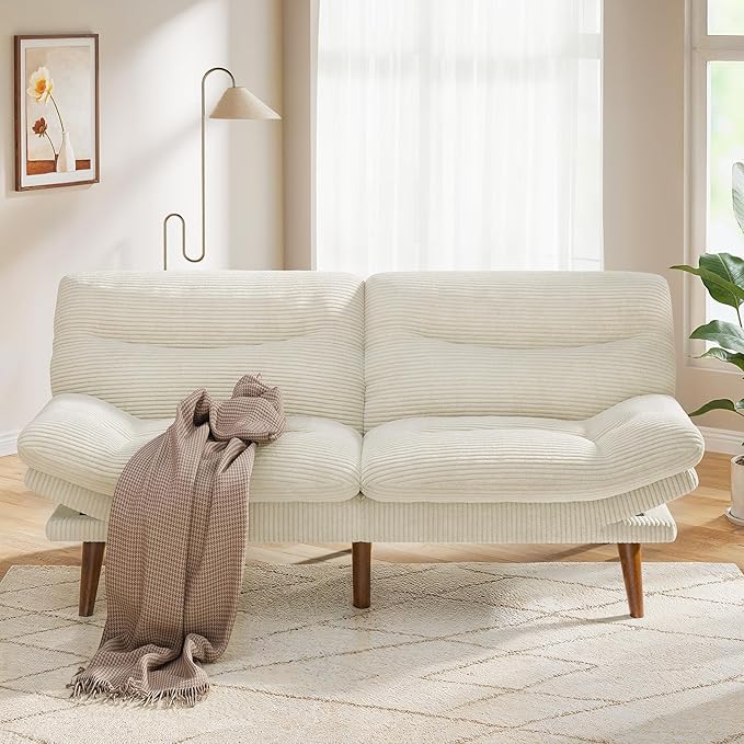 Pipishell Futon Sofa Bed, 75 Inch Corduroy Futon Couch Convertible with Adjustable Backrest and Armrests, Recliner Sleeper Sofa for Small Spaces, Living Room, Office, Guest Room (White, 75 Inch) | Adjustable
