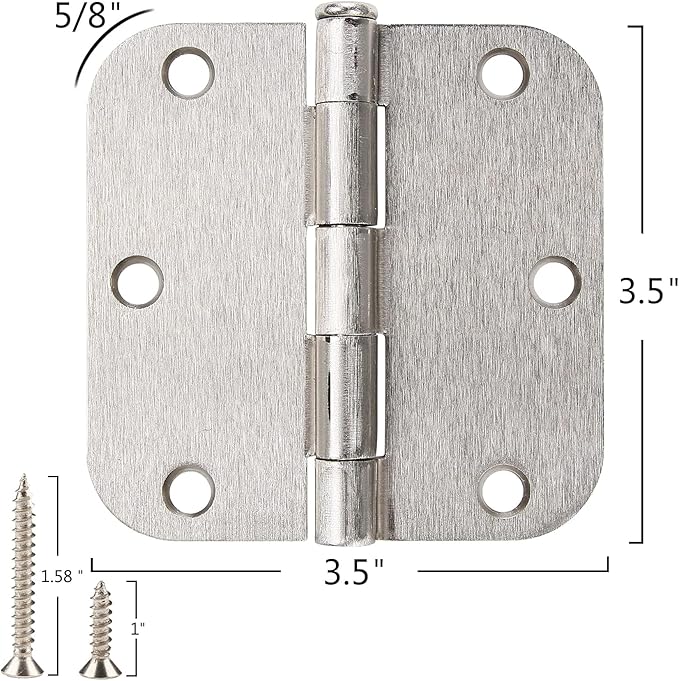 18 Pack Interior Satin Nickel Door Hinges Brushed 3.5 Inch x 1/2" Rounded 5/8 Radius for Doors 3 ½ Inch Heavy Duty Steel Iron Hardware Fittings House Villa Cando Loft Room Ironmongery Sliver Hinge