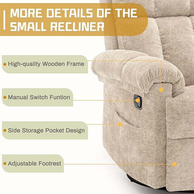 Recliner Chair, Swivel Rocker Recliner Chair for Adults, Small Recliners for Small Spaces, Manual Recliner with Side Pockets, Upholstered Nursery Rocking Chair for Living Room, Chenille, Khaki