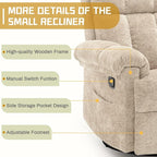 Recliner Chair, Swivel Rocker Recliner Chair for Adults, Small Recliners for Small Spaces, Manual Recliner with Side Pockets, Upholstered Nursery Rocking Chair for Living Room, Chenille, Khaki