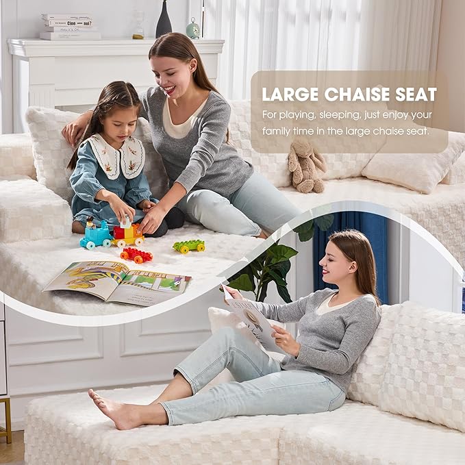 Modular Sectional Sofa Couches L-Shape Couch 3 Seat Modular Sofa Memory Foam Sectional Couches for Living Room, Cloud Couch with Oversized Chaise (White Check, 96" Left Facing Chaise)