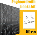 Peg Board, 6 Pack Metal Pegboard Panels Black Pegboards Wall Organizer with 50 Hooks, Heavy Duty Peg Board for Walls Home, Garage Tool Storage, Office Organization, Craft Room, Kitchen