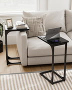 C-Shaped Side Table for Couch - Small Coffee Stand Sofa Tray Desk with Metal Frame and Waterproof Scratch Resistant, Modern End Accent for Living Room, Bedroom, Set of 2, Black