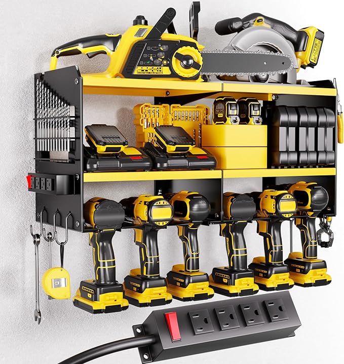 Large Power Tool Organizer Wall Mount with Charging Station, 3 Layer Heavy Duty Metal Tool Storage Rack Loads 420lbs with 6 Cordless Drill Holder, Utility Rack Loads with 4 Power Strip