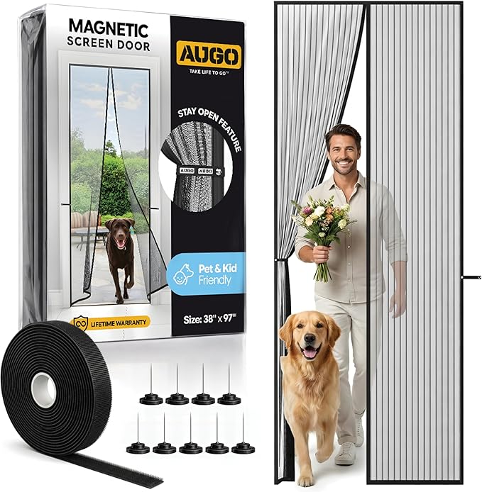 AUGO Magnetic Screen Door - Self Sealing, Heavy Duty, Hands Free Mesh Partition Keeps Bugs Out - Pet and Kid Friendly - Patent Pending Keep Open Feature - 38 Inch x 97 Inch