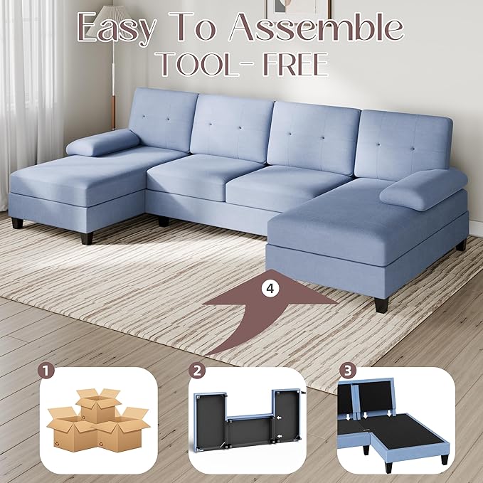 Shintenchi U-Shaped Sectional Couches for Living Room, 4 Seat Sofa with Double Chaise Lounges,Solid Wood Frame Sectional Sofa for Apartment,Blue