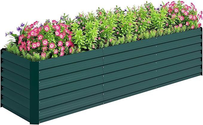 Outsunny 8 x 2 x 2ft Galvanized Raised Garden Bed Kit, Outdoor Metal Elevated Planter Box with Safety Edging, Large Raised Bed for Growing Flowers, Herbs and Vegetables, Green