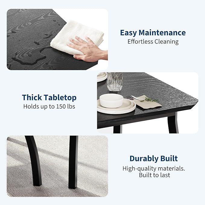 Dining Table for 4, 3-Piece Kitchen Table Set for 4 with Wooden Tabletop and Metal Frame, Industrial Kitchen Table with 2 PU Leather Benches for Bar, Dining Room, Restaurant(43''x28''x30''), Black