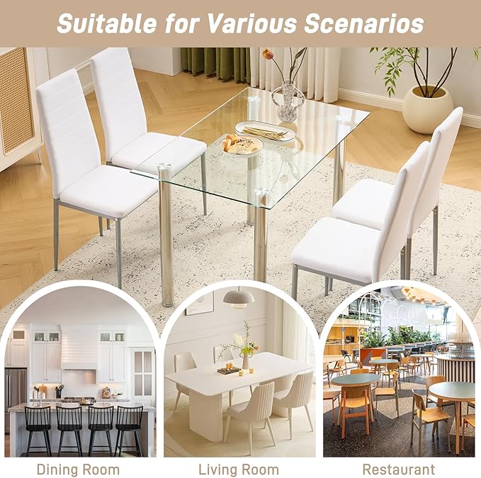 Karl home White Dining Chair Set of 4, Leather Dining Chairs with Curved Back & Foot Cap Protection for Dining Kitchen Living Room, 300lbs Capacity