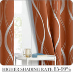 NICETOWN Fall Burnt Orange Blackout Curtain Panels for Living Room, W52 x L72 inch, Soundproof Heat Blocking Wave Line Foil Print Design Window Treatments for Small Cafe, 2 Panels