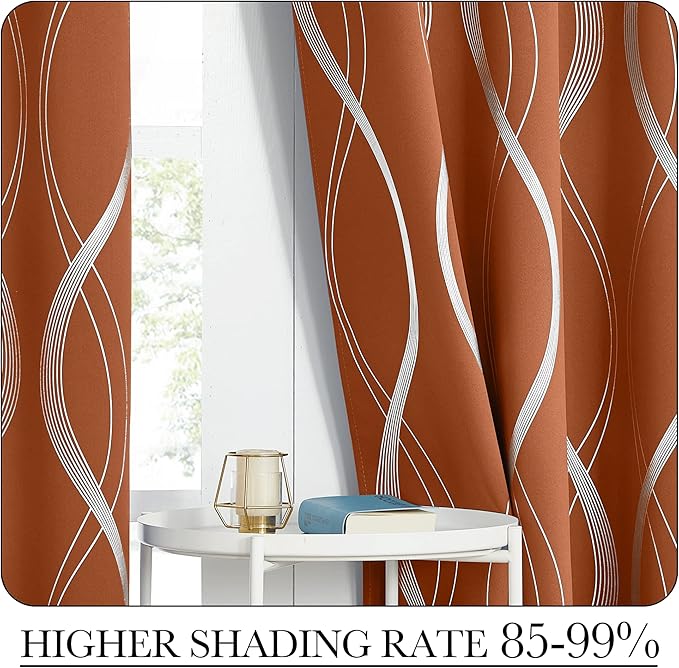 NICETOWN Fall Burnt Orange Blackout Curtain Panels for Living Room, W52 x L72 inch, Soundproof Heat Blocking Wave Line Foil Print Design Window Treatments for Small Cafe, 2 Panels