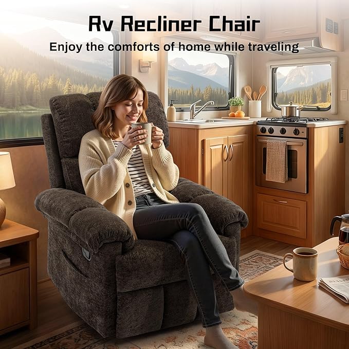 Recliner Chair, Swivel Rocker Recliner Chair for Adults, Small Recliners for Small Spaces, Upholstered Manual Recliner with Side Pockets, Nursery Rocking Chair for Living Room, Chenille, Brown