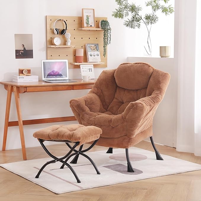 Welnow Lazy Chair with Ottoman, Modern Accent Chair with Armrests and a Side Pocket, Leisure Sofa Armchair, Reading Armchair with Footrest for Small Space, Plush Brown