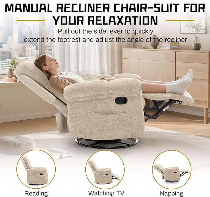 Recliner Chair, Swivel Rocker Recliner Chair for Adults, Small Recliners for Small Spaces, Manual Recliner with Side Pockets, Upholstered Nursery Rocking Chair for Living Room, Chenille, Khaki