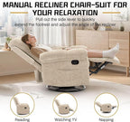 Recliner Chair, Swivel Rocker Recliner Chair for Adults, Small Recliners for Small Spaces, Manual Recliner with Side Pockets, Upholstered Nursery Rocking Chair for Living Room, Chenille, Khaki