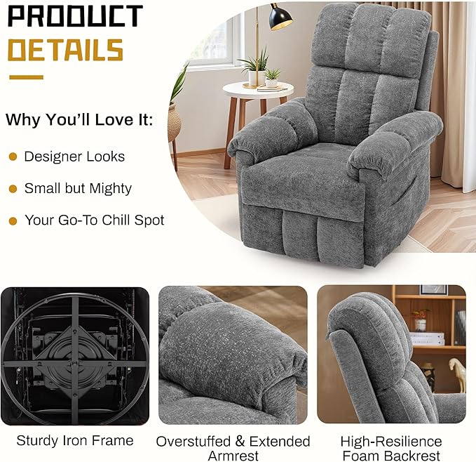 Recliner Chair, Swivel Rocker Recliner Chair for Adults, Small Recliners for Small Spaces, Manual Recliner with Side Pockets, Upholstered Nursery Rocking Chair for Living Room, Chenille, Grey