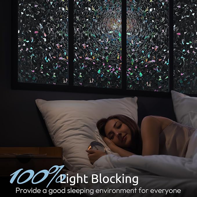 rabbitgoo Window Privacy Film Rainbow Film Decorative Window Sticker, 3D Static Stained Glass Cling Tint for Room Darkening Day Sleep, Black, 29.5 x 118.1 inches