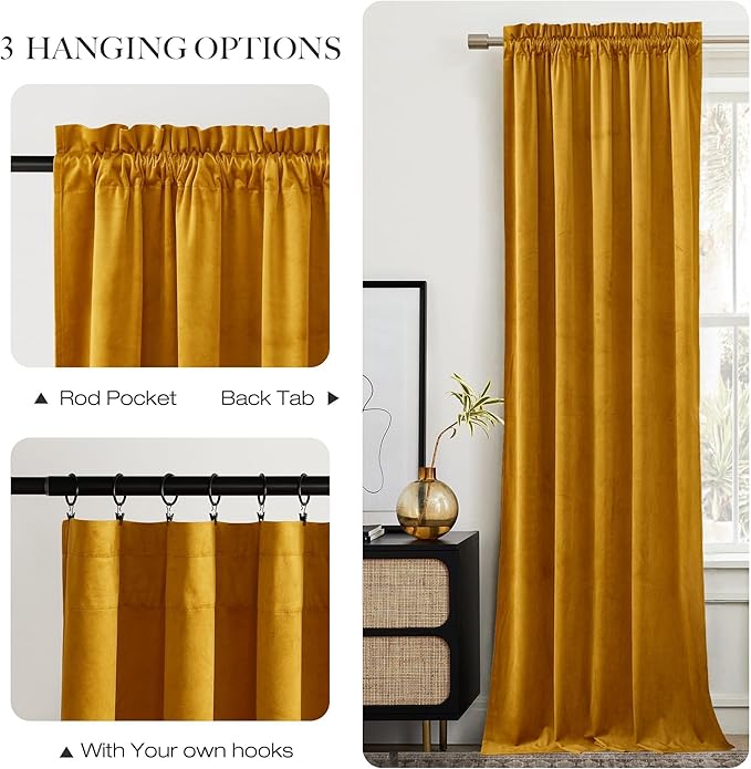 NICETOWN Yellowish Gold Velvet Curtains 108 inches Long, Bedroom Velvet Window Drapes, Luxury Curtains Home Decoration Thick Drapes for Dining Room (1 Pair, 52 Wide)
