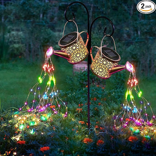 Solar Lights Outdoor Decorative, 2 Pack Metal Solar Watering Can Lights Waterproof, Small Hanging Garden Decor Yard Lights Outside Patio Lawn, Gifts for Mom Grandma Women Birthday(Colorful)
