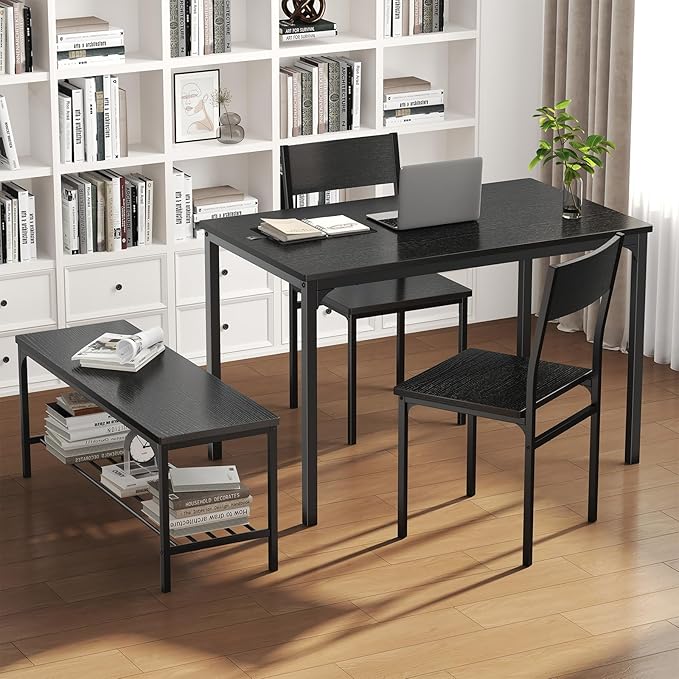 DUMOS Dining Table, Dining Table Set for 4 with Bench, Easy to Assemble Kitchen Table, Space-Saving Ideal 4-Person Set for Dining Room Kitchen Apartment Corner Black 4 Pack