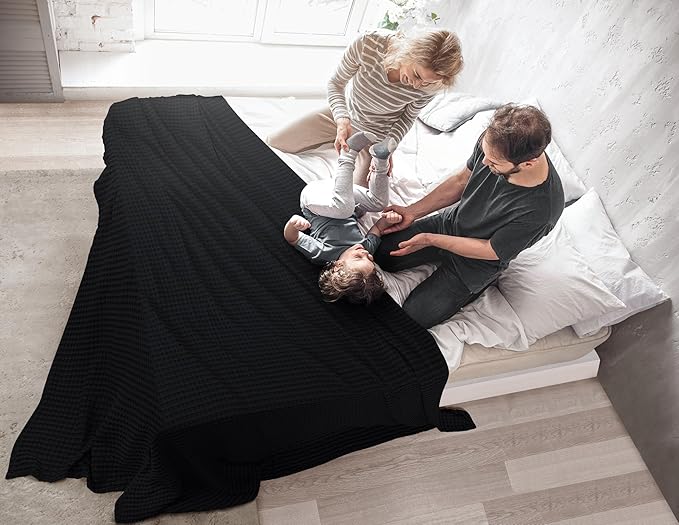 Utopia Bedding Black 100% Cotton Waffle Blanket 300 GSM [Queen - 90x90 Inch] Soft Lightweight Breathable Bed Blanket for All Season