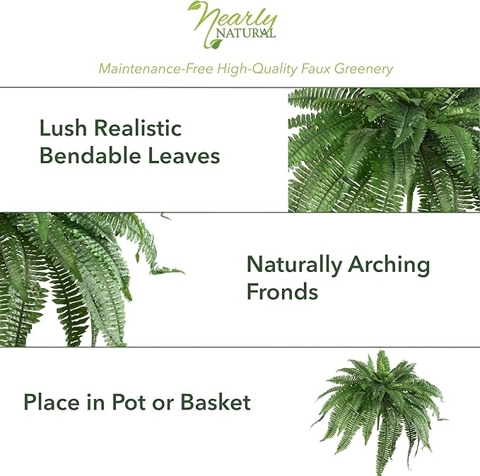 Nearly Natural 48-in Artificial Boston Fern, Large Hanging Fake Plant Wall Decor with 67 Fronds, Faux Fern Vines that Look Real for Home and Office Decor