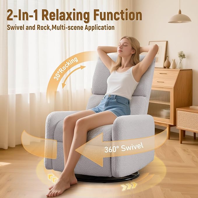 360° Rocking Chair, Nursery Rocker Chair with Side Pockets, Glider Nursing Chair with Steel Structure Base, Small Chair for Small Spaces, Sherpa Swivel Accent Chairs for Living Room, Nursing