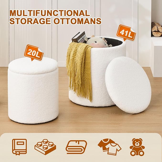 Round Set of 2 Ottoman with Storage, Boucle Storage Ottoman Foot Stool, Soft Teddy Upholstered Small Vanity Stool, Ottomans Coffee Table Padded Seat Foot Rest for Living Room Bedroom, White