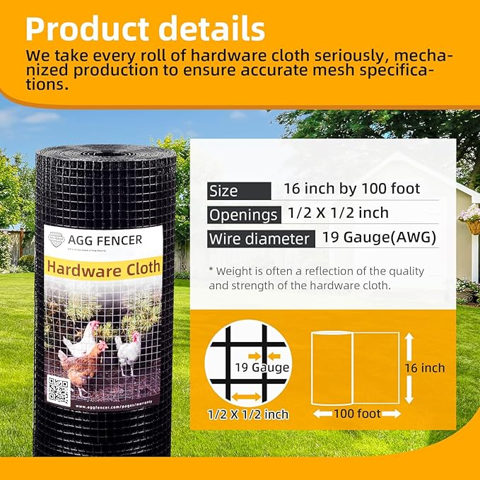 16in x 100ft Black Hardware Cloth 1/2 inch 19Ga PVC Coated Wire Mesh Vinyl Coated Fence, Welded Metal Chicken Wire Fencing Roll, Garden Plant Fencing, for Chicken Coop and Home Improvement