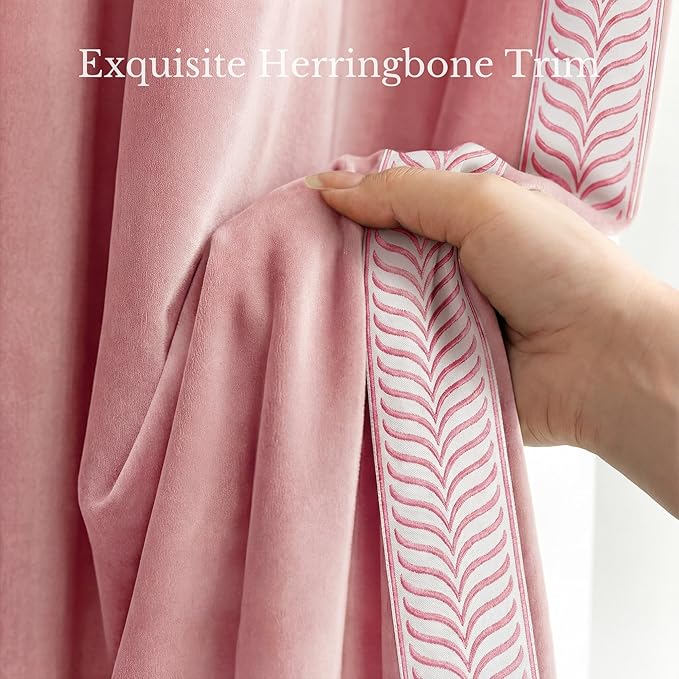 NICETOWN Rod Pocket Embroidered Trim Velvet Curtains, 2 Panels, Blush Pink, 96 Inch Long Velvet Blackout Curtains Luxury Elegant Soft Drapes, Winter Thermal Window Treatments Classical Home Decor