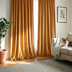 NICETOWN Mustard Gold Pom Pom Velvet Curtains 8 ft Long - Room Darkening Luxurious Drapes for Living Room & Bedroom, Extra Long Window Treatments, 52" W x 96" L, 2 Panels