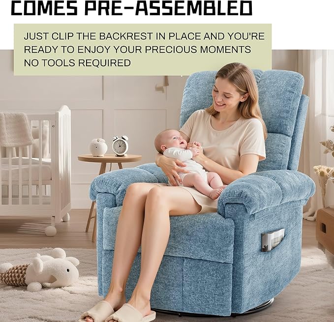 Recliner Chair, Swivel Rocker Recliner Chair for Adults, Small Recliners for Small Spaces, Manual Recliner Chair with Side Pockets, Nursery Rocking Chair for Living Room, Chenille, Airy Blue