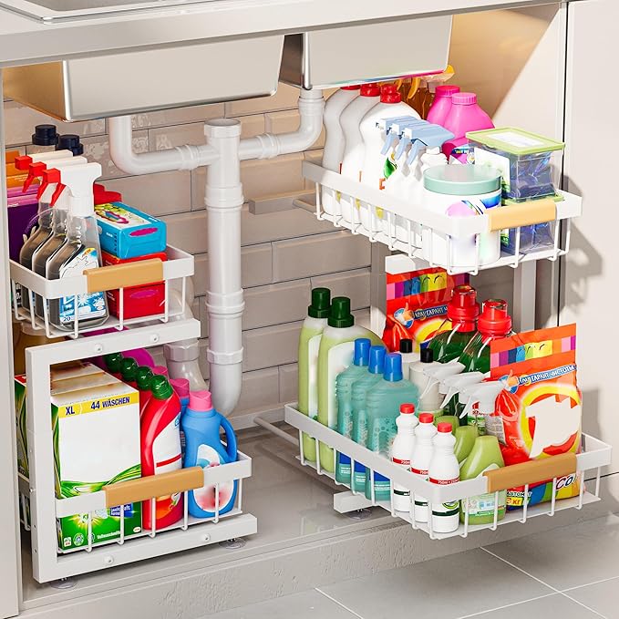 ADBIU Under Sink Organizer, 2 Pack 2 Tier Expandable Height (White, Large Size)