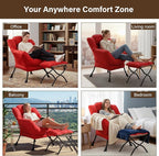 Welnow Lazy Chair with Ottoman, Modern Accent Chair with Armrests and a Side Pocket, Leisure Sofa Armchair Set, Reading Armchair with Footrest for Small Space, Red