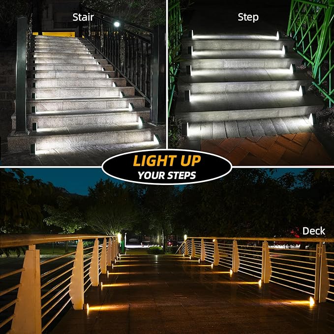 NIORSUN Solar Step Lights 12 Pack - Outdoor Stair Lights with 3000K Warm White & 6000K Cool Daylight, IP67 Waterproof, Auto On/Off, Super Bright for Deck, Patio, Steps