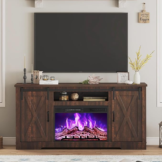 AMERLIFE Fireplace TV Stand with Sliding Barn Door for TVs up to 73", Farmhouse 63" Fireplace Entertainment Center with Storage Cabinets/Adjustable Shelves, Reclaimed Barnwood