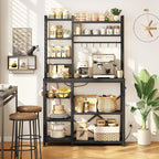 SNTD Baker Rack with Power Outlet - Microwave Stand with Storage, Large Coffee Bar Station with 14 Hooks, Metal Kitchen Shelf Rack for Spices, Pots (Rustic Black)