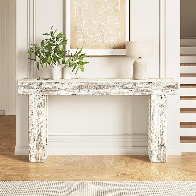 Little Tree 63-Inch Long Console Tables for Entryway, Large Sofa Table Behind Couch, Wooden Entry Foyer Hallway Table, Modern Console Sofa Tables for Living Room, Distressed White