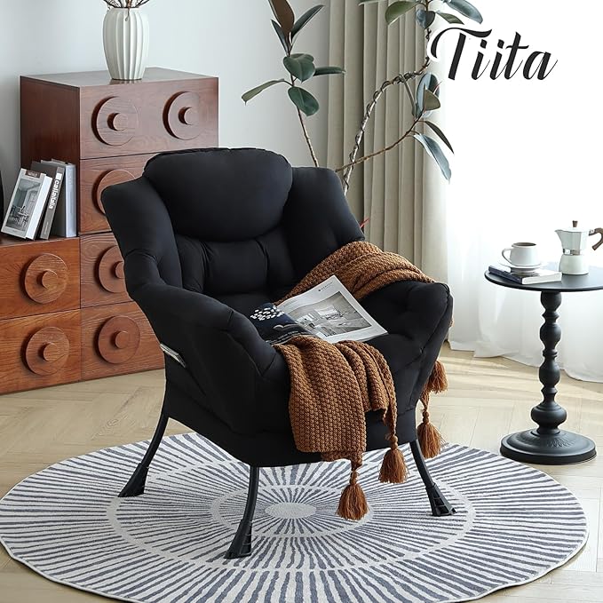 Tiita Lazy Chair, Black Modern Large Accent Armchair, Comfy Leisure Sofa Reading Chair for Bedroom, Living Room, Dorm Rooms, Garden and Courtyard, Black
