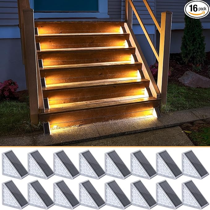 NIORSUN Solar Step Lights 16 Pack - Outdoor Stair Lights with 3000K Warm White & 6000K Cool Daylight, IP67 Waterproof, Auto On/Off, Super Bright for Deck, Patio, Steps