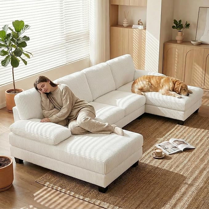 Homall Sectional U Shaped Sofa Couches for Living Room, Comfy Corduroy 4 Seat Sofa Set with Removable Pillows, Lounge Chaise Upholstered Couch for for Apartment (Corduroy, Beige)