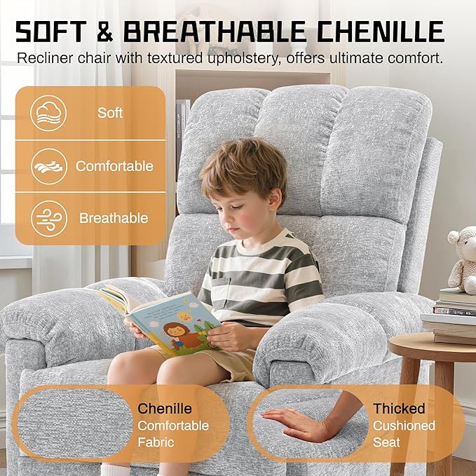 Recliner Chair, Swivel Rocker Recliner Chair for Adults, Small Recliners for Small Spaces, Manual Recliner Chair with Side Pockets, Nursery Rocking Chair for Living Room, Chenille, Silver Grey