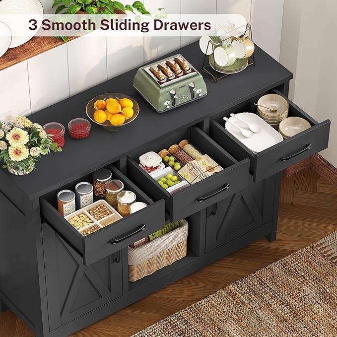 TEENFON Storage Cabinet, Coffee Bar Cabinet with 3 Drawers, 2 Adjustable Shelves & 2 Doors, Buffet Cabinet, Kitchen Cabinet for Kitchen, Dining Room, Living Room, Black