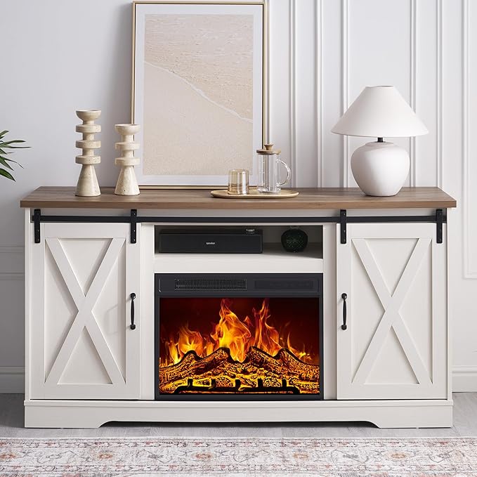 AMERLIFE Fireplace TV Stand with Sliding Barn Door for TVs up to 65", Farmhouse 59" Fireplace Entertainment Center with Storage Cabinets/Adjustable Shelves, Distressed White & Barnwood