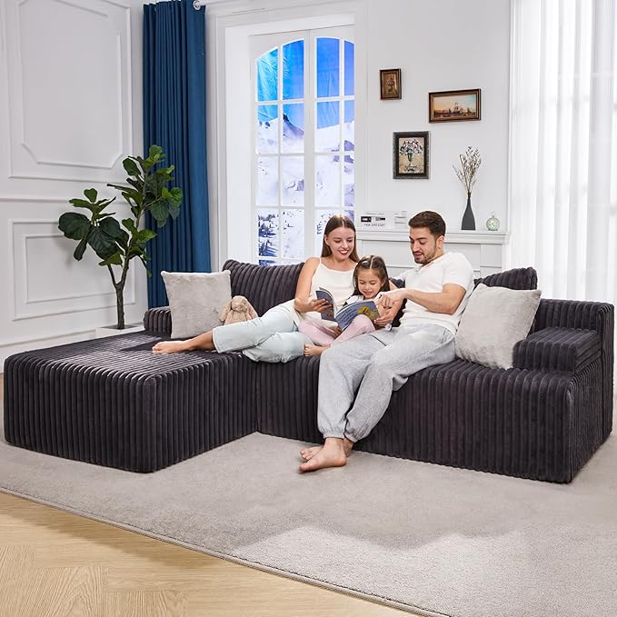 Modular Sectional Sofa Couches L-Shape Couch 3 Seat Modular Sofa Memory Foam Sectional Couches for Living Room, Cloud Couch with Oversized Chaise (Grey Stripe, 98" Left Facing Chaise)