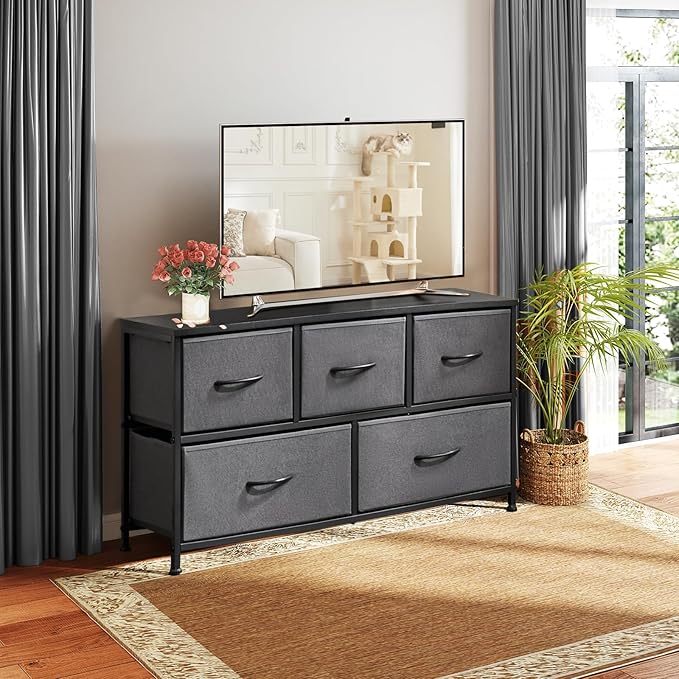 Dresser for Bedroom with 5 Drawers, Anti-Tip Wide Fabric Chests Storage Organizer Tower Furniture, TV Stand for TV up to 45 inch with Wooden Top Metal Frame for Clothes, Living Room, Hallway, Entryway
