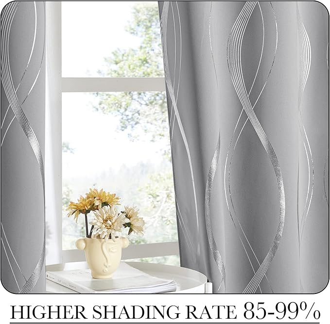 NICETOWN Blackout Curtains 63 inch Length 2 Panels, Silver Grey Window Treatment Thermal Insulated Soundproof Grommet Wave Line Foil Print Design Draperies for Living Room (52 inches Wide)